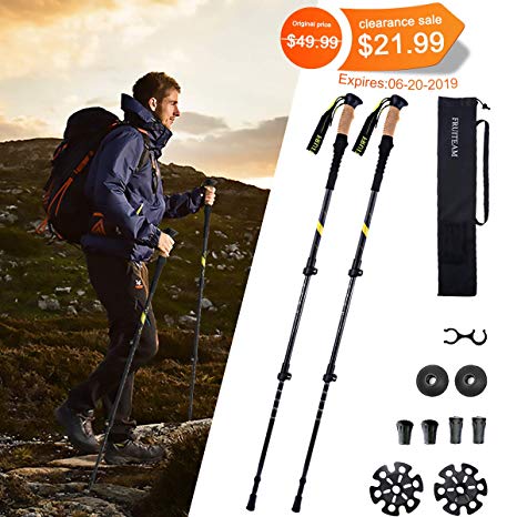 FRUITEAM Trekking Poles Collapsible Carbon Fiber Quick Lock Alpenstock Walking Sticks with EVA Cork Grip for Hiking Climbing 2 Pack