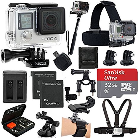 GoPro HERO4 Black Edition Camera HD Camcorder With Deluxe Carrying Case   Head Strap   Chest Strap   2 Battery And Dual Charger   32GB SDHC MicroSD Memory Card Complete Deluxe Accessory Bundle