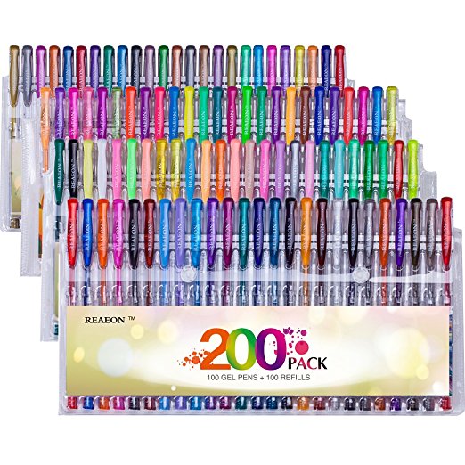 Reaeon 200  Coloring Gel Pens Art Set Unique 100 Gel Colored Pen with 100 Refills Pack More Ink Capacity for Adult Coloring Books, Drawing, Writing