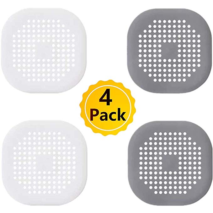 4 Packs Shower Drain Covers Square Silicone Tube Drain Hair Catcher Stopper with Sucker for Bathroom Kitchen, Rubber Bathtub Sink Strainer Plug Filter Trap Home Drain Protectors