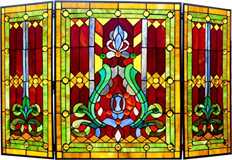 Chloe Lighting 3pcs Folding Victorian 44" Wide Tiffany-Glass Fireplace Screen, Red