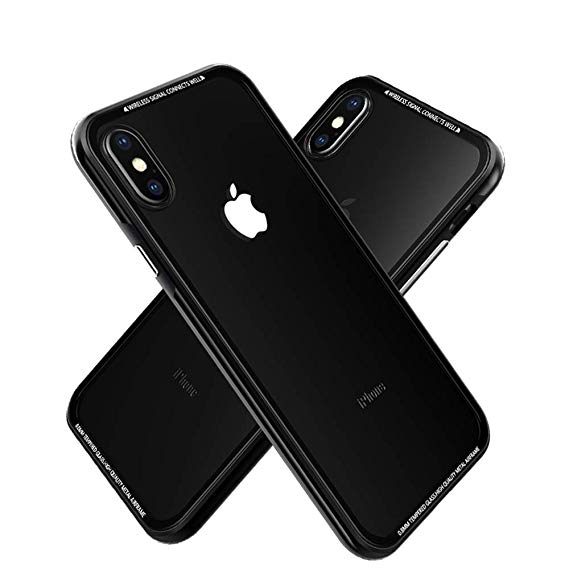 R-JUST Crystal Clear iPhone x Case, iPhone Xs Case, Metal airframe Tempered Glass Back Shell case for iPhone10 iPhone Xs (Black)