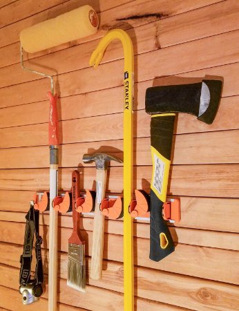 Multipurpose, Customizable Household Organizer by ARUA. Broom Holder,Mop Holder/Hanger,Hose Storage/Holder,Garage Organizer,Storage Solutions,Storage Ideas,Utility Rack With 5 Hooks and 5 Positions!