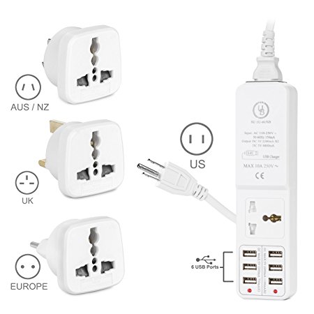Yubi Power 7 in 1 Universal Travel Power Strip with a Universal Socket and 6 USB Ports with Built in Surge Protector and Light Indicators for Type B, C, G, and I Outlets - 150  Countries