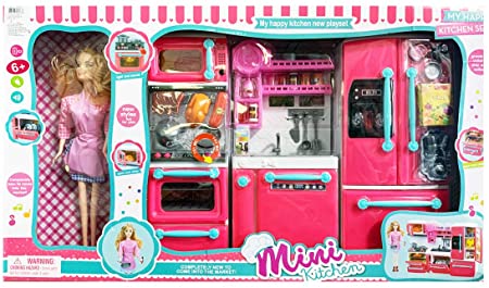 My Mini Kitchen Full Deluxe Kit Battery Operated Toy Doll Kitchen Playset w/ Toy Doll, Lights, Sounds, Perfect for Use with 11-12 Tall Dolls by Doll Playsets by Doll Playsets