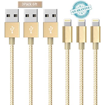 Lightning Cable - 3Pack 10FT, DANTENG Extra Long iPhone Cable - Nylon Braided 8 Pin to USB Cord for iPhone 7,6s,6 Plus,SE,5s,5,Pad,iPod(Gold)