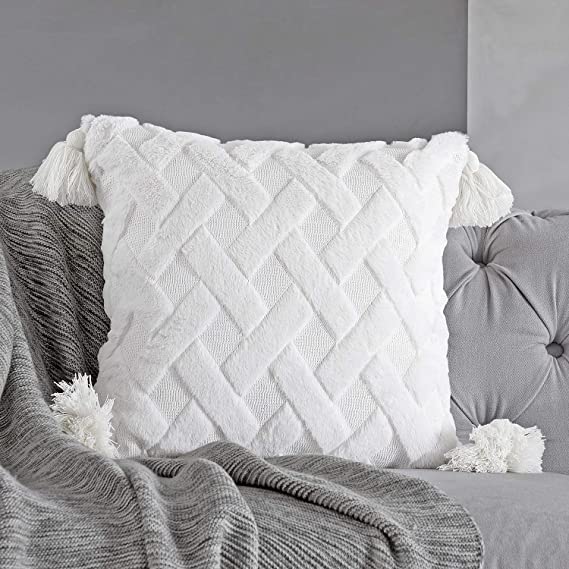 Foindtower Decorative Soft Faux Fur Throw Pillow Cover with Tassels Furry Plush Cute Embroidery Cushion Cover, Solid Tufted Geometric Pillow Case for Couch Chair Bed Living Room 18x18 Inch Ivory