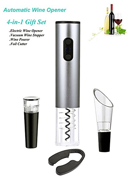 Electric Wine Opener - Stainless Steel Cordless Electric Corkscrew with Removable Foil Cutter, Vacuum Stopper and Pourer-Premium Accessories Gifts for Wine Lovers (Silver Grey)