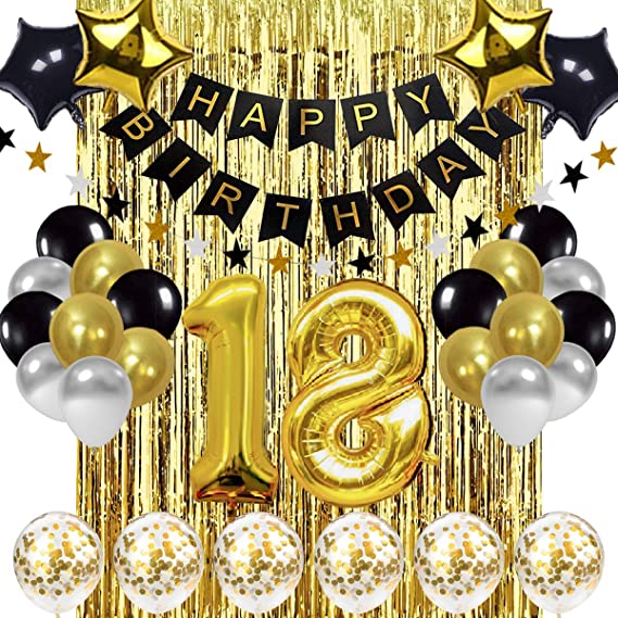 Black and Gold 18th Birthday Decorations Banner Balloon, Happy Birthday Banner,18th Balloons, Number 18 Balloons, 18 Years Old Birthday Decoration Supplies