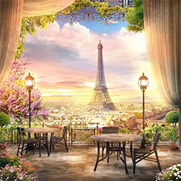 Leowefowa 5X5FT Vinyl Backdrops Photography Background Eiffel Tower Wooden Chair Desk Curtain Flowers Romantic Backdrop for Kids Lover 1.5(W) X1.5(H) M Photo Studio Props