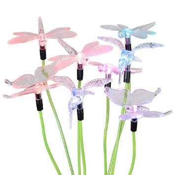 2 Sets 4LED Version Hallomall8482 Solar Powered Color Changing Outdoor Stake Lights Solar Decorative Landscape Lighting Lawn Yard Light Vivid Figurines of Hummingbird Dragonflies and Butterfly