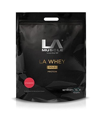 LA Muscle LA Whey Gold Protein Strawberry 5kg. 100% pure whey protein powder supplement, Mouth Watering Taste, Easy Mixing, 49g of Muscle Building Protein per serving, Low in Carbs, Low in Fat, Helps Increase Recovery Quick, Fast Acting Whey Protein for Immediate gains in Lean Muscle Mass. Lifetime Money Back Guarantee, Risk Free Purchase