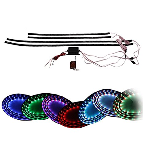ZHOL® 7 Color LED Under Car Glow Underbody System Neon Lights Kit 48" x 2 & 36" x 2 w/Sound Active Function and Wireless Remote Control