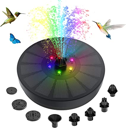 Solar Powered Bird Bath Fountain Pump, 3W Solar Powered Water Fountains with Color LED Lights 8 Nozzles & 4 Fixed Pipes for Bird Bath, Garden, Pool, Ponds, Fish Tank, Outdoor Decoration