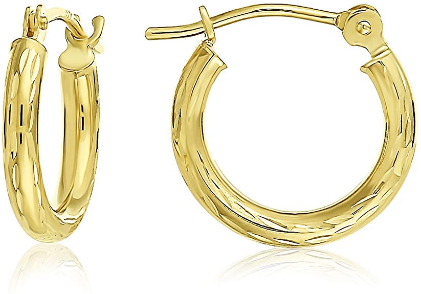 14k Yellow Gold Hand Engraved Full Diamond-cut Round Hoop Earrings