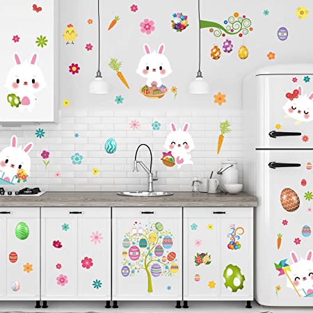 97 Pieces 9 Sheets Easter Eggs Bunnies Wall Decal, Easter Wall Stickers Window Fridge Clings Decals for Living Room Bedroom Home and Wall Decorations