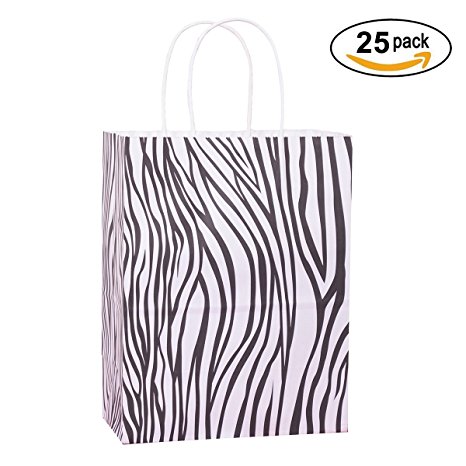 Gift Bags 25Pcs 8x4.75x10.5" BagDream Shopping Bags,Cub, Paper Bags, Kraft Bags, Retail Bags,Zebra Stripe Paper Bags with Handles