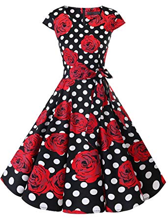 DRESSTELLS Retro 1950s Cocktail Dresses Vintage Swing Dress with Cap-Sleeves