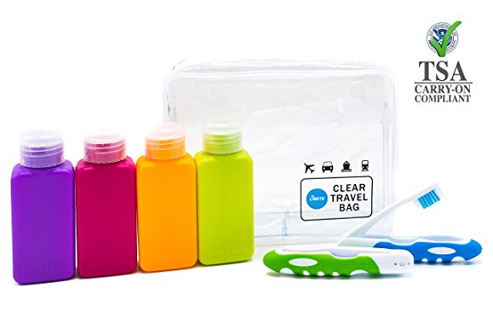 Clear TSA Approved Carry-On Toiletry Bag Set   4 leak proof refillable Travel Bottles   2 Travel Folding Toothbrush