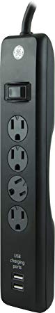 GE 4 Outlet 2 USB Port Power Strip Surge Protector, 3ft. Power Cord, Black, 36189-P1