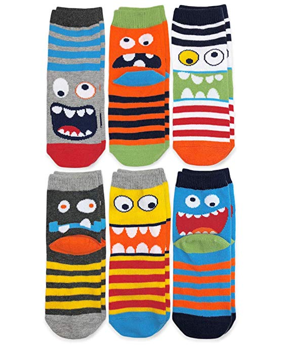 Jefferies Socks Boys' Little Monster Pattern Crew Socks 6 Pair Pack