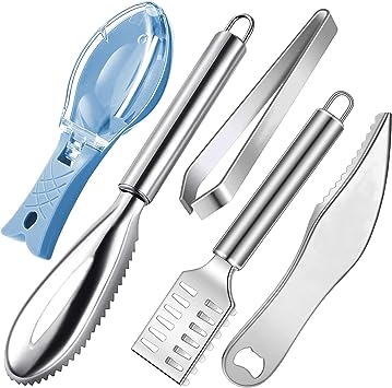 Fish Scaler Remover Set - Fish Scales Tools with Stainless Steel Sawtooth with Bottle Opener, Fish Scraper Fish Bone Tweezers Fish Skin Peeler for Family, Seafood Markets, Remover Fish Scales,5Pieces