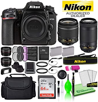 Nikon D7500 20.9MP DSLR Digital Camera with 18-55mm and 70-300mm Lenses (13543) USA Model Deluxe Bundle -Includes- Sandisk 64GB SD Card   Large Camera Bag   Filter Kit   Spare Battery   Telephoto Lens
