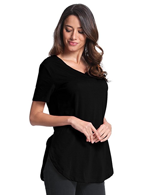 StyleDome Women V Neck Casual Blouse Shirts Short Sleeve Asymmetrical Hem Solid Plain Long Tee Tops