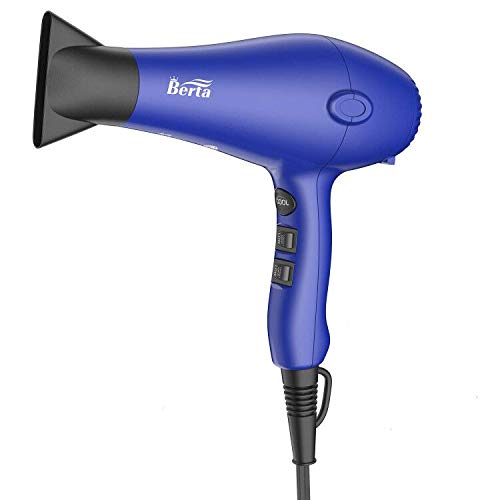 BERTA 1875W Professional Salon Grade Hair Dryer, DC Motor Negative Ionic Blow Dryer with 2 Speed 3 Heat Settings Cool Button, Concentrator & Diffuser & Comb Attachments, Blue