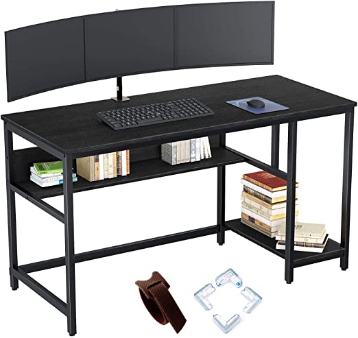 Rolanstar Black Computer Desk, 55" Office Desk with 2 Storage Shelves with Corner Protectors, Study Table, Workstation,Business Style, Stable Metal Frame