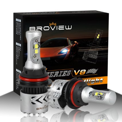 BROVIEW V8 9007 LED Headlight Bulbs w Clear Arc-Beam Kit 72W 12000LM 6500K White Cree Replacement Headlights for Replace HID and XENON Headlights 2 Yr Warranty - 2pcsset