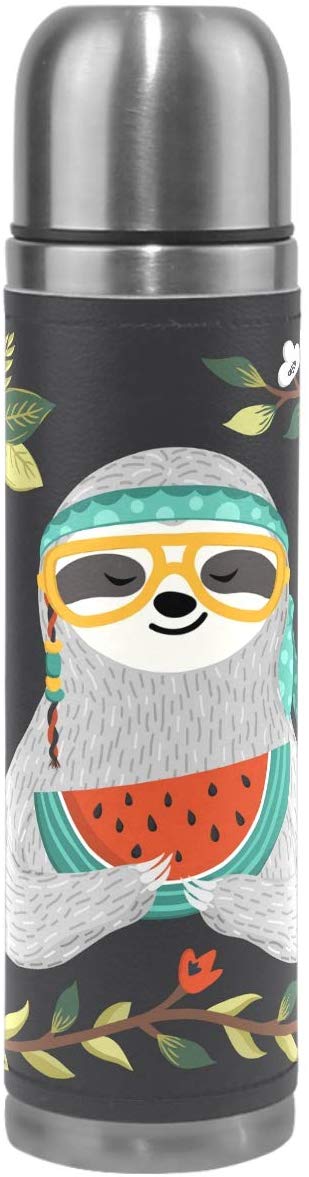 Wamika Cute Sloth Vacuum Insulated Stainless Steel Water Bottle, Sloth Animal in Glass Watermelon Flower Leaves Sports Coffee Travel Mug Thermos Cup Genuine Leather Cover Double Walled BPA Free 17 Oz