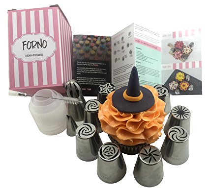 Unique Set of Russian Piping Tips by Forno 12 PIECE SET (8 Different Flower Nozzles   Matching COUPLER   Double Sided Cleaning Brush   Sphere Tip   Small Leaf Tip) Instruction Book Included