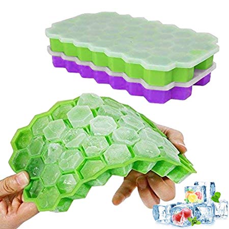 Ice Cube Trays, Ouddy 2 Pack Silicone Ice Cube Molds with Removable Lid, Totally 74-Ice Trays for Whiskey, Cocktail, Stackable Flexible - Green & Purple