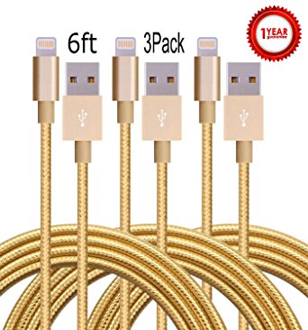 Aplenta 3-Pack 6feet 8 Pin Lightning to USB Cable Syncing and Charging Cable Cord for iphone SE,iPhone 7,7Plus,6s, 6s , 6 , 6,5s 5c 5,iPad Mini, Air,iPad5,iPod on iOS10(gold)