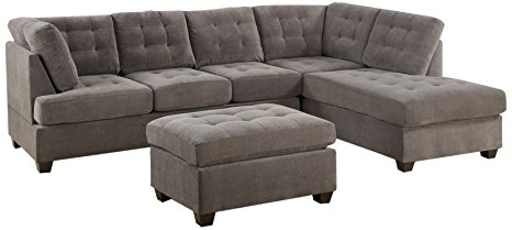 Bobkona Michelson 3-Piece Reversible Sectional with Ottoman Sofa Set, Charcoal
