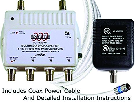 PCT 4 Port Cable TV/HDTV/Digital Amplifier Internet Modem Signal Booster Internet Amplifier With Power Supply and Coax Power Cable - PCT-MA2-4PN