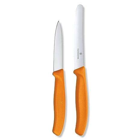 Victorinox Kitchen Knife, Set of 2, Sharp Stainless Steel Straight Edge and Wavy Edge Knives, Orange