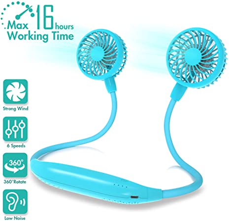 Neck Fan 2600mah Battery Operated Neckband Fan 6-Speed Hand-Free Wearable Personal USB Fan for Hot Flashes Home Office Travel Outdoor Sports (Aqua Blue)