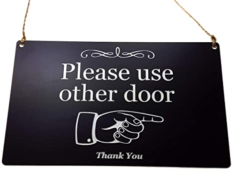 Reversible 'Please use Other Door' Sign - Black and White, Double Sided, Arrow, Hanging, Hand Illustration Pointing