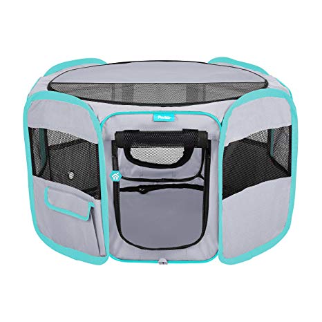 Pawdle Deluxe Premium Foldable Portable Traveling Exercise Pet Playpen Kennel Cats, Dogs, Kittens and All Pets - Travel Carrying Case - in Ground Stakes - Removable Shaded Cover and Bottom by