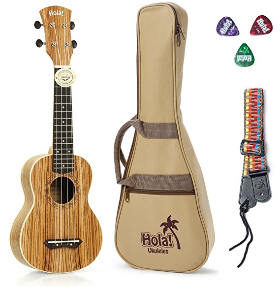 Hola! Music HM-121ZW  Deluxe Soprano Ukulele Bundle with Aquila Strings, Padded Gig Bag, Strap and Picks - Zebrawood