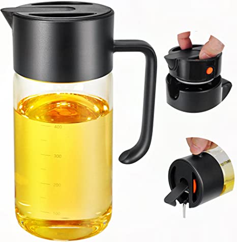 TrendPlain Olive Oil and Vinegar Dispenser Bottle for Kitchen - One Pinch Open & Auto Flip Cap Oil Dispenser with Measurements - Olive Oil Bottle with Non-Drip Spout (500ml/17oz) Black