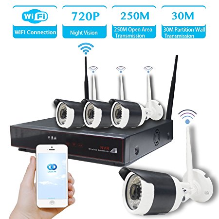 Hi-Tech 4CH 960P HD Wireless Video Security System(NVR Kits),4PCS 720P Megapixel Wireless Wi-FI Waterproof Bullet IP Surveillance Cameras, Plug and Play,100Feet Night Vision, No Hard Drive