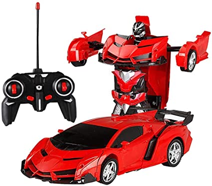 VASLON Remote Control Car Robot, Transformer Car Toys, 360 Degree Rotating with One-Button Deformation with LED Light, Robot Cars Kit Toy for Kids (Red)