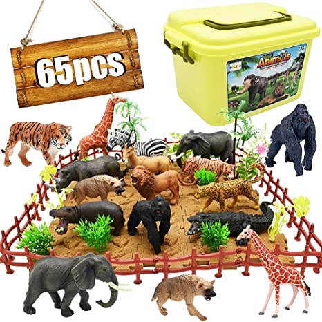 Safari Animals Figurines Toys, 65PCS Realistic Jungle Zoo Animals Figures African Wild Plastic Animals Playset with Elephant, Lion, Giraffe, Fence, Puzzle Blocks for Kids 3 4 5 6 7 8 Years Old