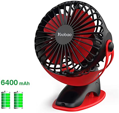 Yoobao Clip on Stroller Fan 6400mAh Portable Small Desk Fan Rechargeable 4 Speed 32 Hours Battery Operated USB Rotating Quiet Personal Mini Fan for Baby Travel Bedroom Kitchen - Black