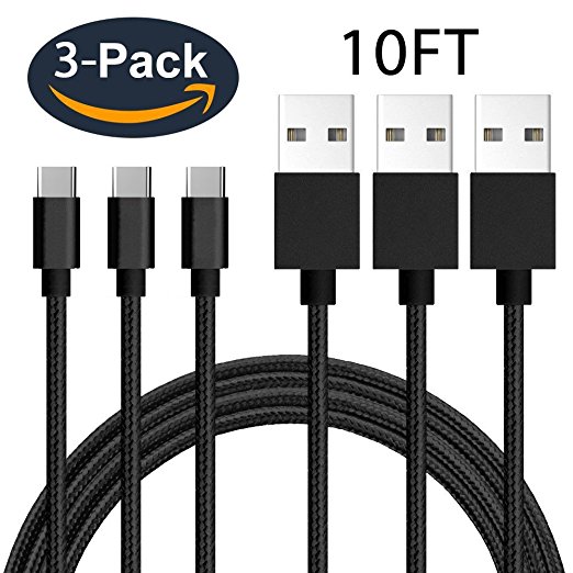 USB Type C Cable, 3-PACK 10FT USB C to USB 3.0 cable, High Speed, for Samsung Galaxy S8, S8 , the new MacBook, Google Pixel, Nexus 6P, LG V20 G5, HTC 10 and More