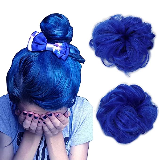 Observe your hair color outdoors! iLUU Hair Extension Curly Up Do Dark Blue Synthetic Hair Messy Bun Extensions 2pcs/package Wavy Elastic Chignon Bun Hairpieces for Women #2517