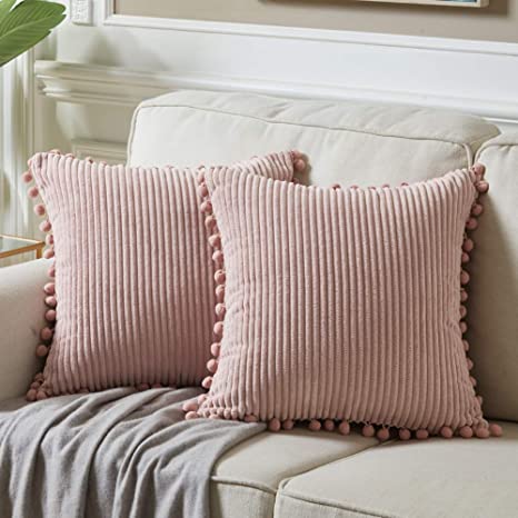 Fancy Homi Pack of 2 Boho Big Decorative Throw Pillow Covers 26 x 26 with Pom-poms, Soft Corduroy Solid Square Cushion Cases for Couch Sofa Bedroom Car Living Room (26x26 Inch/66x66 cm, Blush Pink)